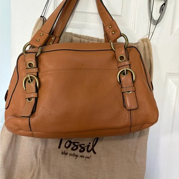 Fossil Tan Leather Satchel with Metal Accents - Picture 2 of 11